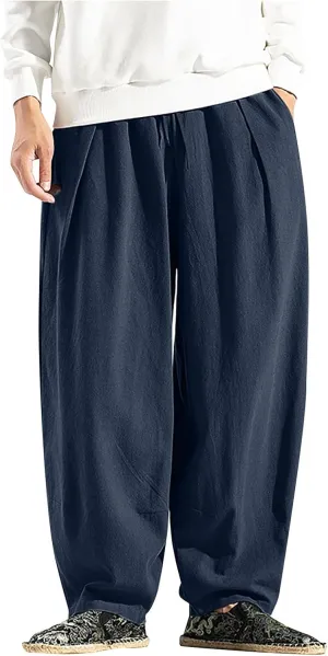 Ymosrh Thick Winter Pants for Men Linen Harem Pants Cotton Casual Trousers Wide Leg Pants Lightweight Big and Tall