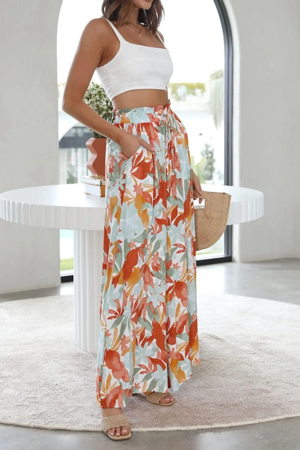 YOCUR Women Summer Beach Vacation Pants High Waisted Wide Leg Pants Printed Loose Flowy Casual Palazzo Lounge Trousers