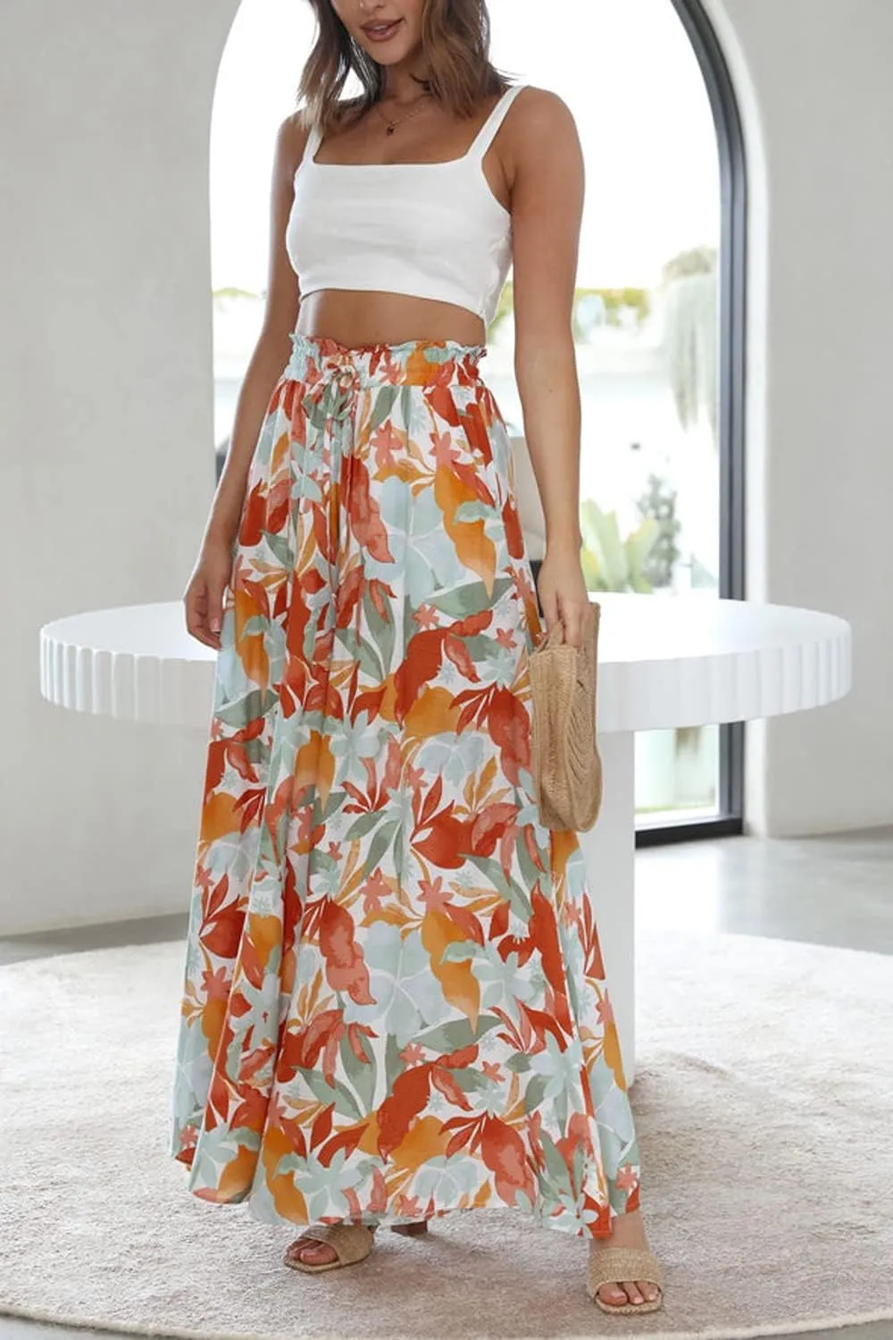 YOCUR Women Summer Beach Vacation Pants High Waisted Wide Leg Pants Printed Loose Flowy Casual Palazzo Lounge Trousers