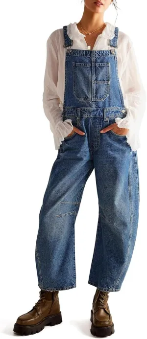 yoeasy Women's Denim Overall Barrel Wide Leg Bib Baggy Jeans Adjustable Strap Denim Romper Stretch Jumpsuit Y2K Pants