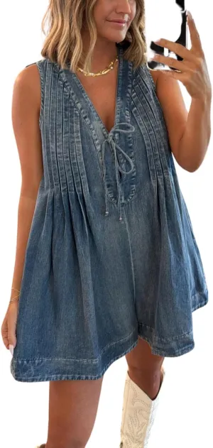 yoeasy Women's Sleeveless V Neck Shorts Denim Romper Tie Front Ruffle Jean Short Overall With Pocket