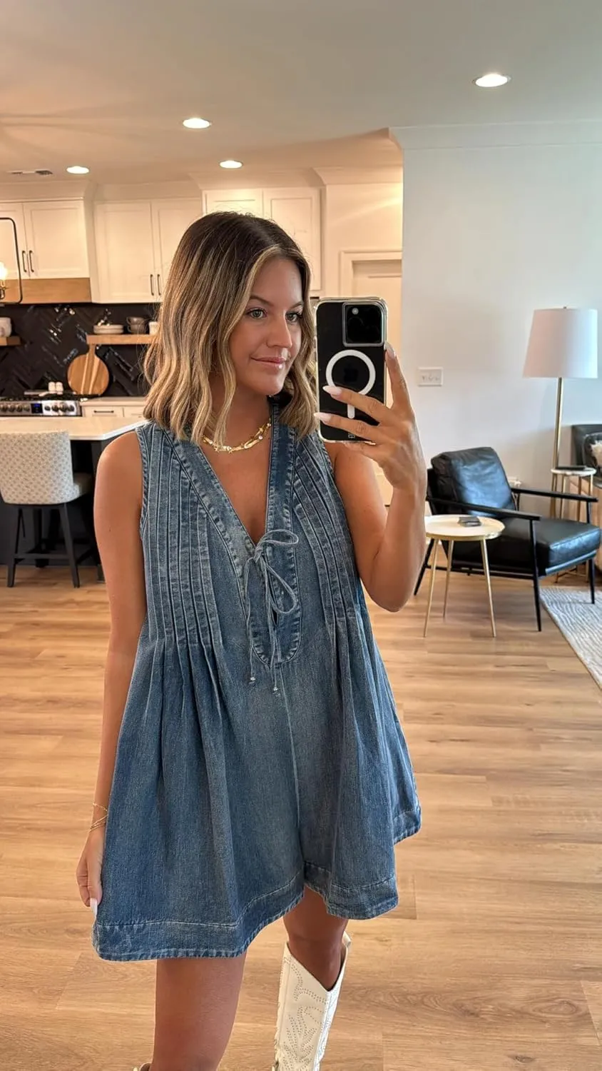 yoeasy Women's Sleeveless V Neck Shorts Denim Romper Tie Front Ruffle Jean Short Overall With Pocket