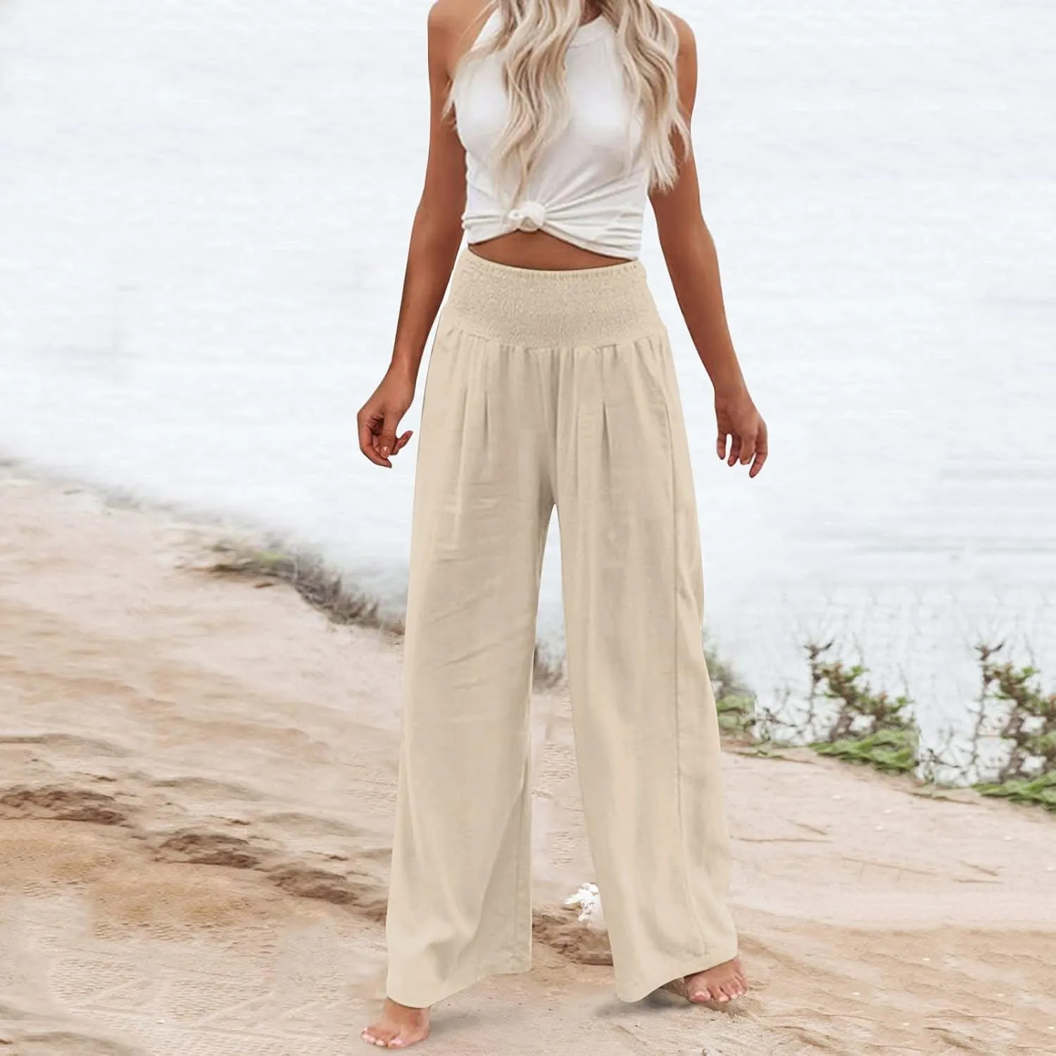 YOLAI Cotton Linen Palazzo Pants for Women Smocked High Elastic Waist Loose Trousers Comfy Wide Leg Pants with Pockets (Beige, XL)