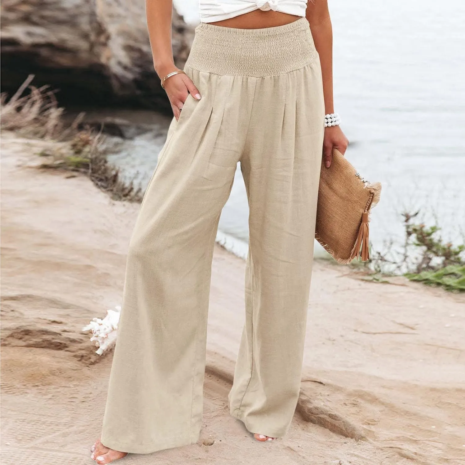 YOLAI Cotton Linen Palazzo Pants for Women Smocked High Elastic Waist Loose Trousers Comfy Wide Leg Pants with Pockets (Beige, XL)