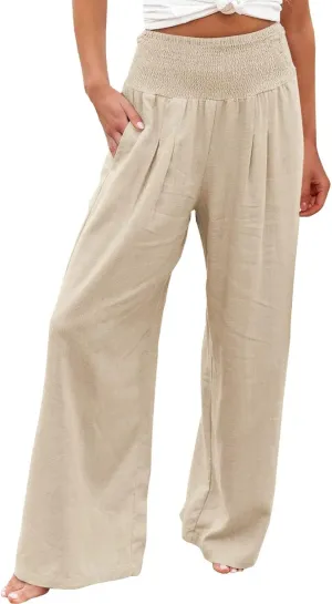 YOLAI Cotton Linen Palazzo Pants for Women Smocked High Elastic Waist Loose Trousers Comfy Wide Leg Pants with Pockets (Beige, XL)