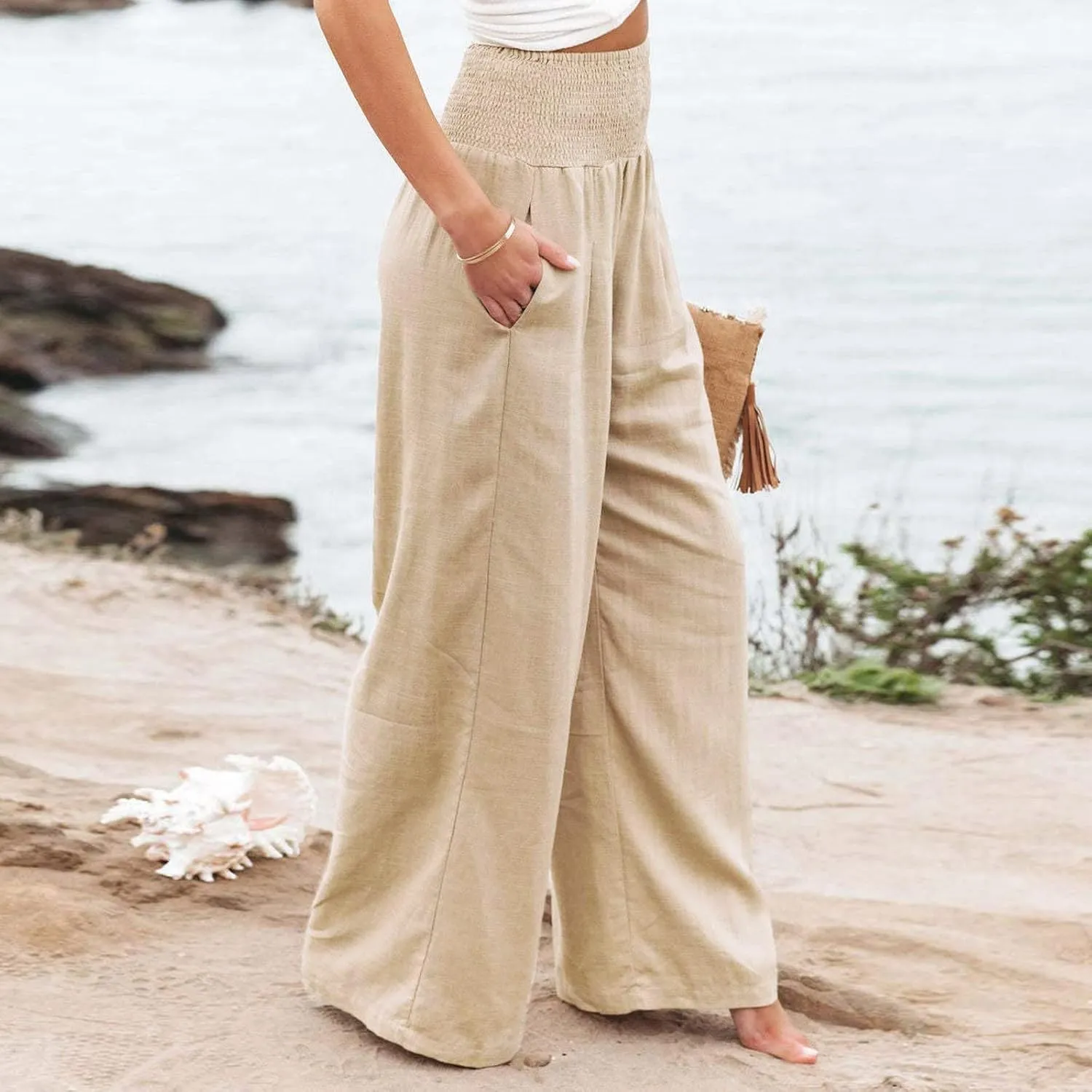 YOLAI Cotton Linen Palazzo Pants for Women Smocked High Elastic Waist Loose Trousers Comfy Wide Leg Pants with Pockets (Beige, XL)