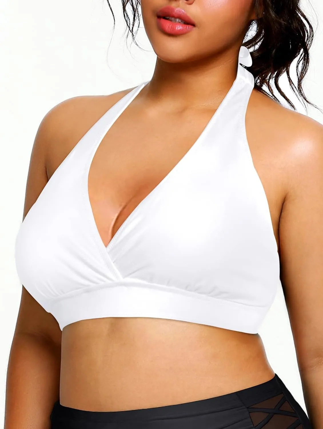 Yonique Women's Plus Size Bikini Tops Only Halter Swimsuit Top Large Bust Swim Top V Neck Bathing Suit Tops
