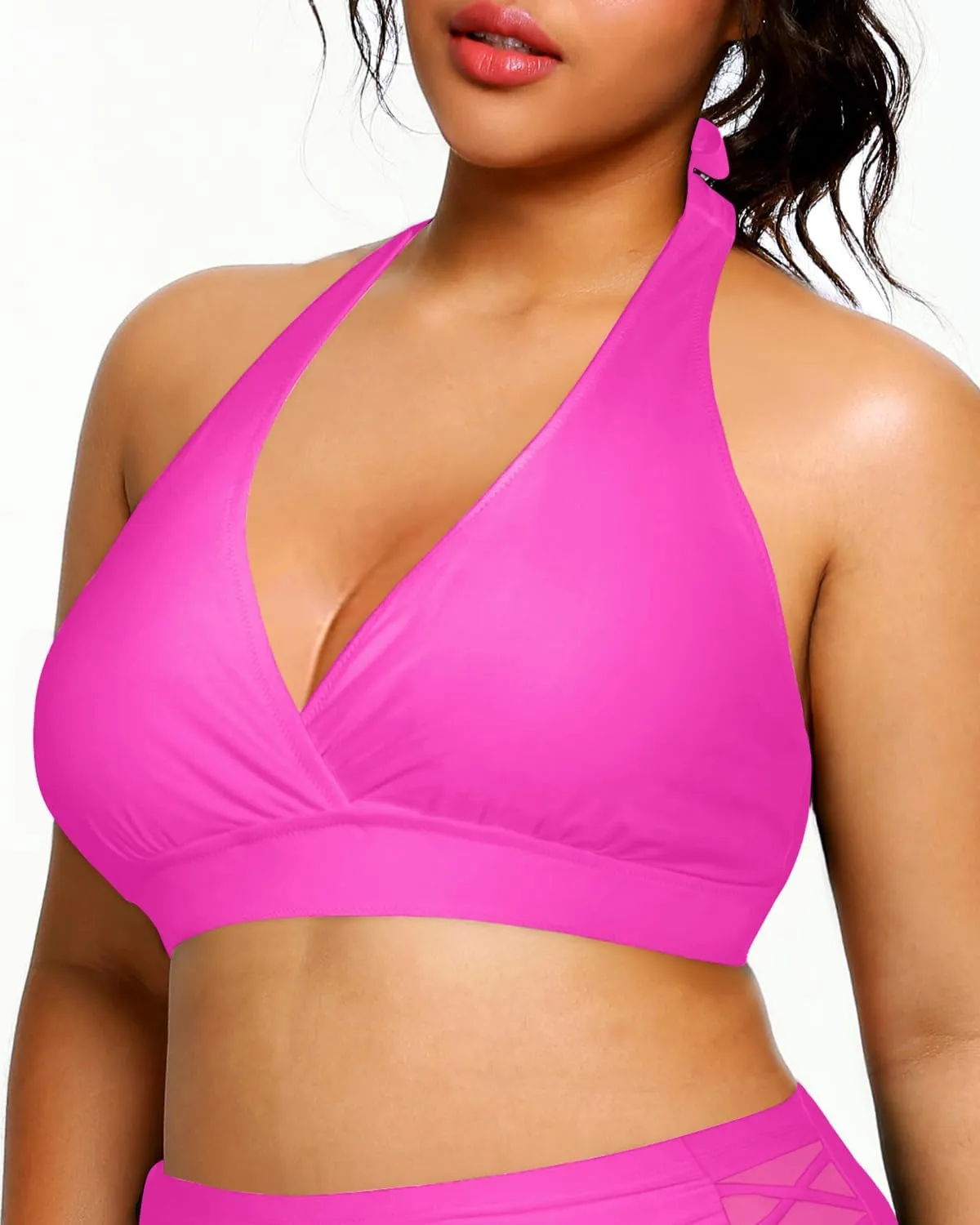 Yonique Women's Plus Size Bikini Tops Only Halter Swimsuit Top Large Bust Swim Top V Neck Bathing Suit Tops
