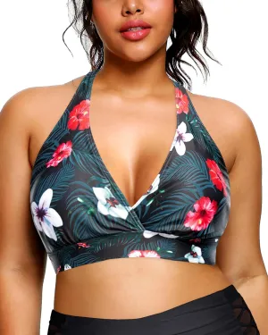 Yonique Women's Plus Size Bikini Tops Only Halter Swimsuit Top Large Bust Swim Top V Neck Bathing Suit Tops