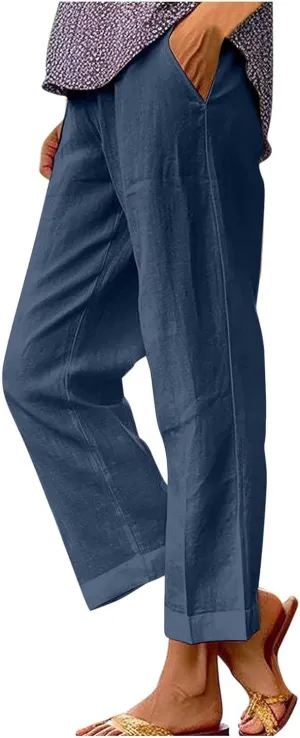 YRAETENM Cotton Linen Pants Women Elastic High Waist Straight Leg Lounge Pants Casual Slacks Summer Trouser with Pockets