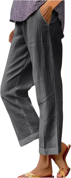 YRAETENM Cotton Linen Pants Women Elastic High Waist Straight Leg Lounge Pants Casual Slacks Summer Trouser with Pockets