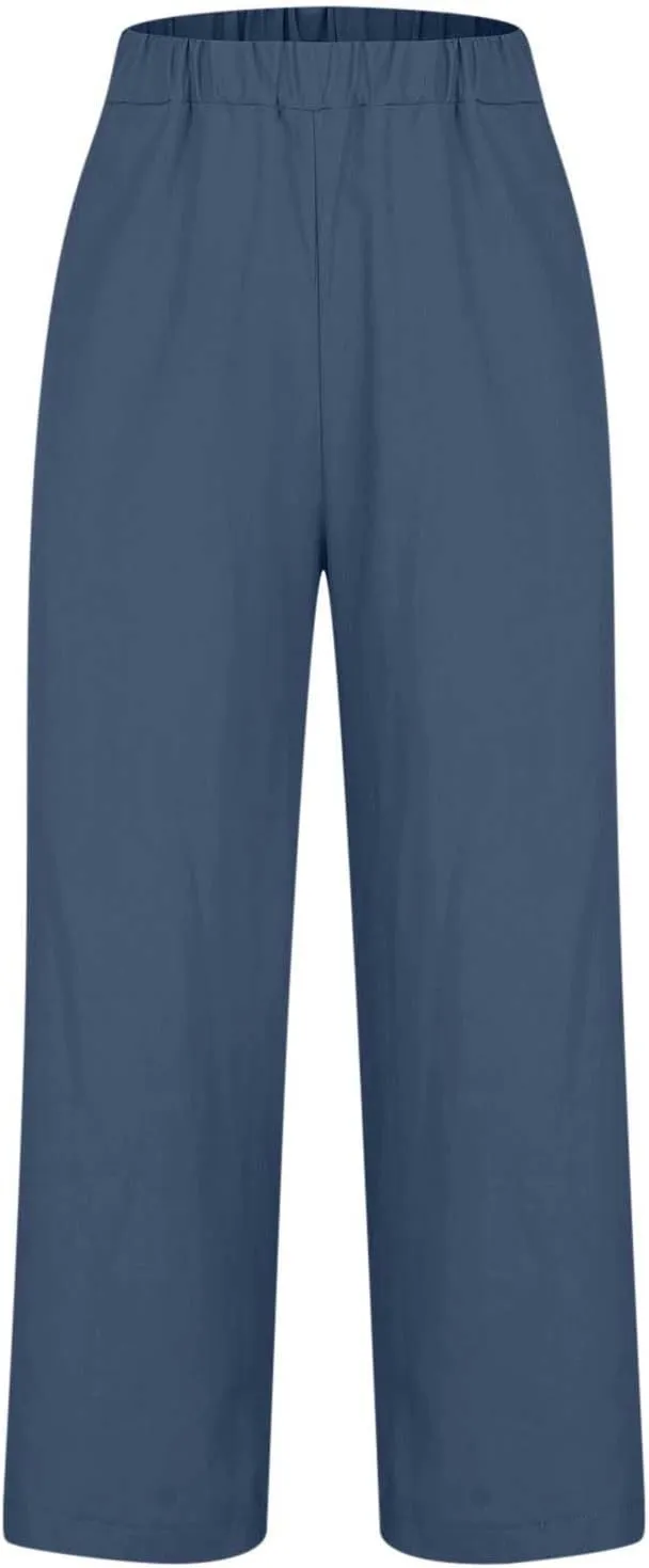 YRAETENM Cotton Linen Pants Women Elastic High Waist Straight Leg Lounge Pants Casual Slacks Summer Trouser with Pockets