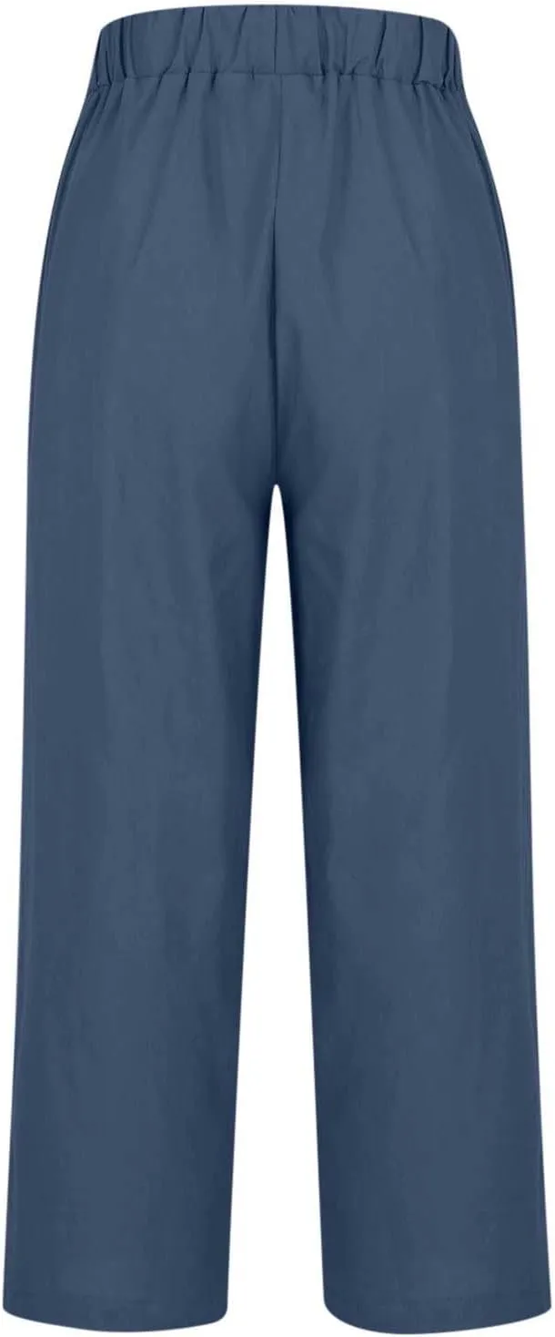 YRAETENM Cotton Linen Pants Women Elastic High Waist Straight Leg Lounge Pants Casual Slacks Summer Trouser with Pockets