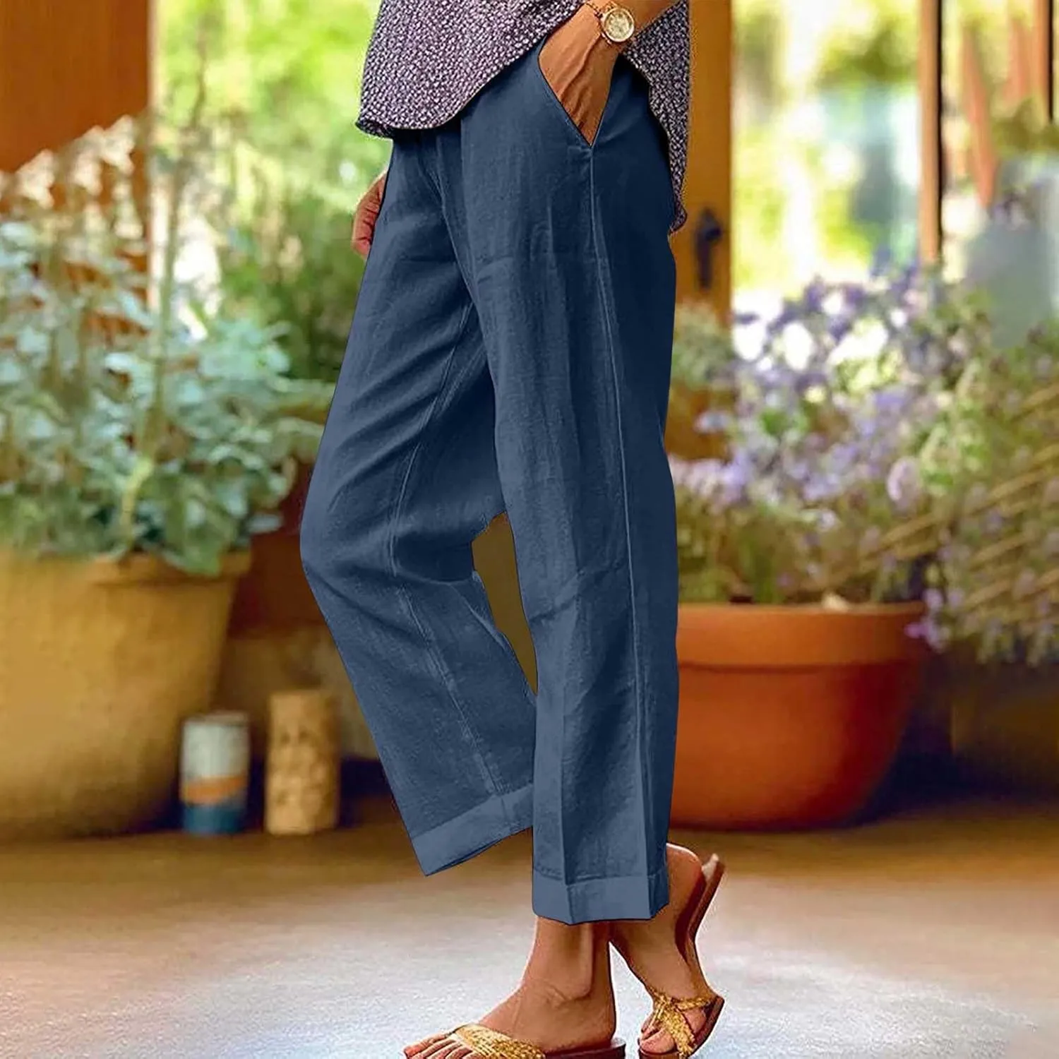 YRAETENM Cotton Linen Pants Women Elastic High Waist Straight Leg Lounge Pants Casual Slacks Summer Trouser with Pockets