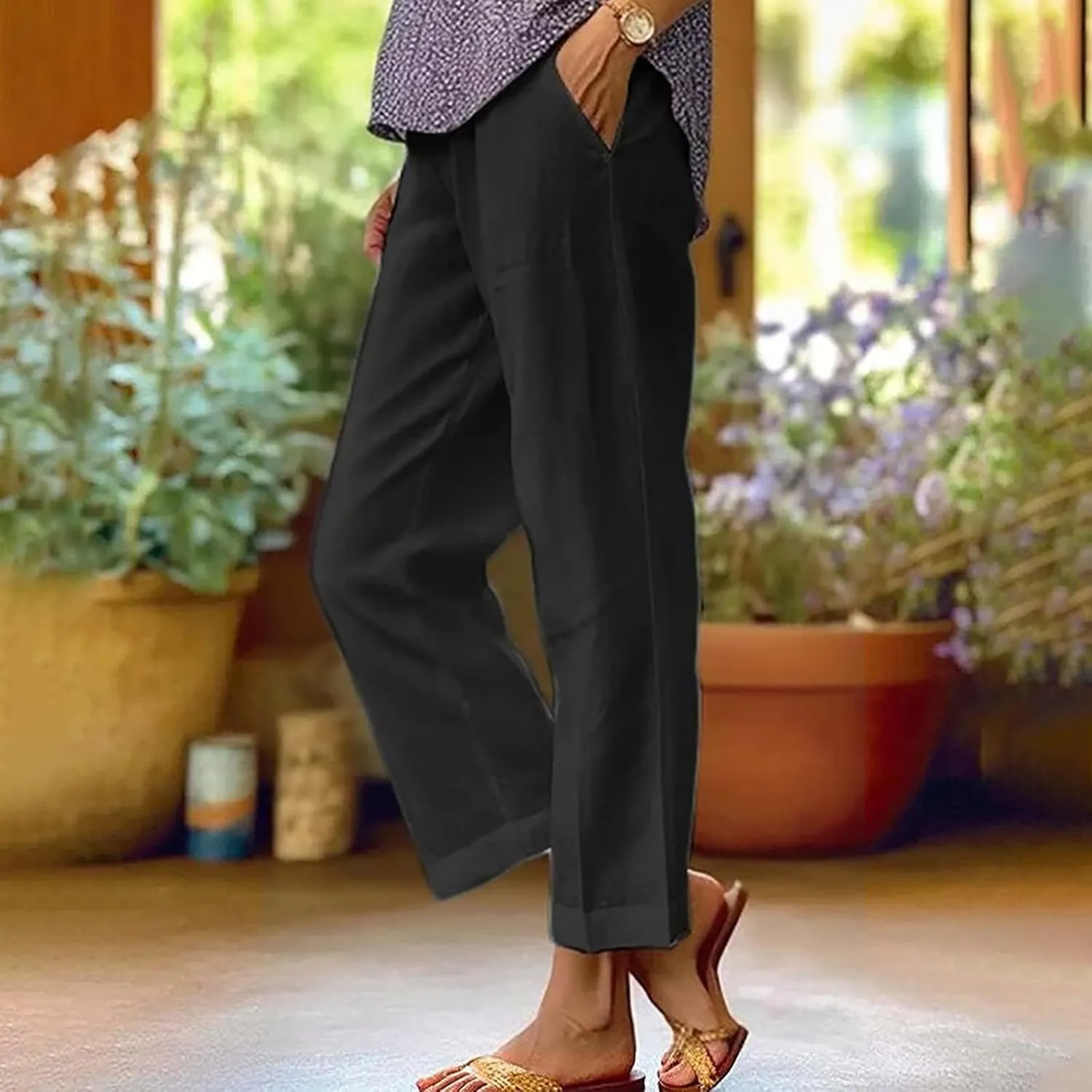 YRAETENM Cropped Linen Pants Women Elastic Waist Straight Leg Cotton Pants Casual Beach Summer Slacks Trousers with Pockets