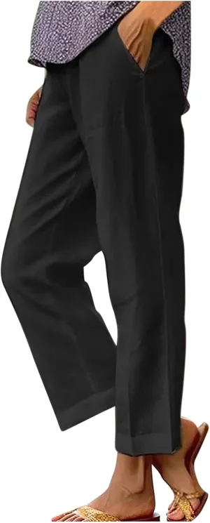 YRAETENM Cropped Linen Pants Women Elastic Waist Straight Leg Cotton Pants Casual Beach Summer Slacks Trousers with Pockets