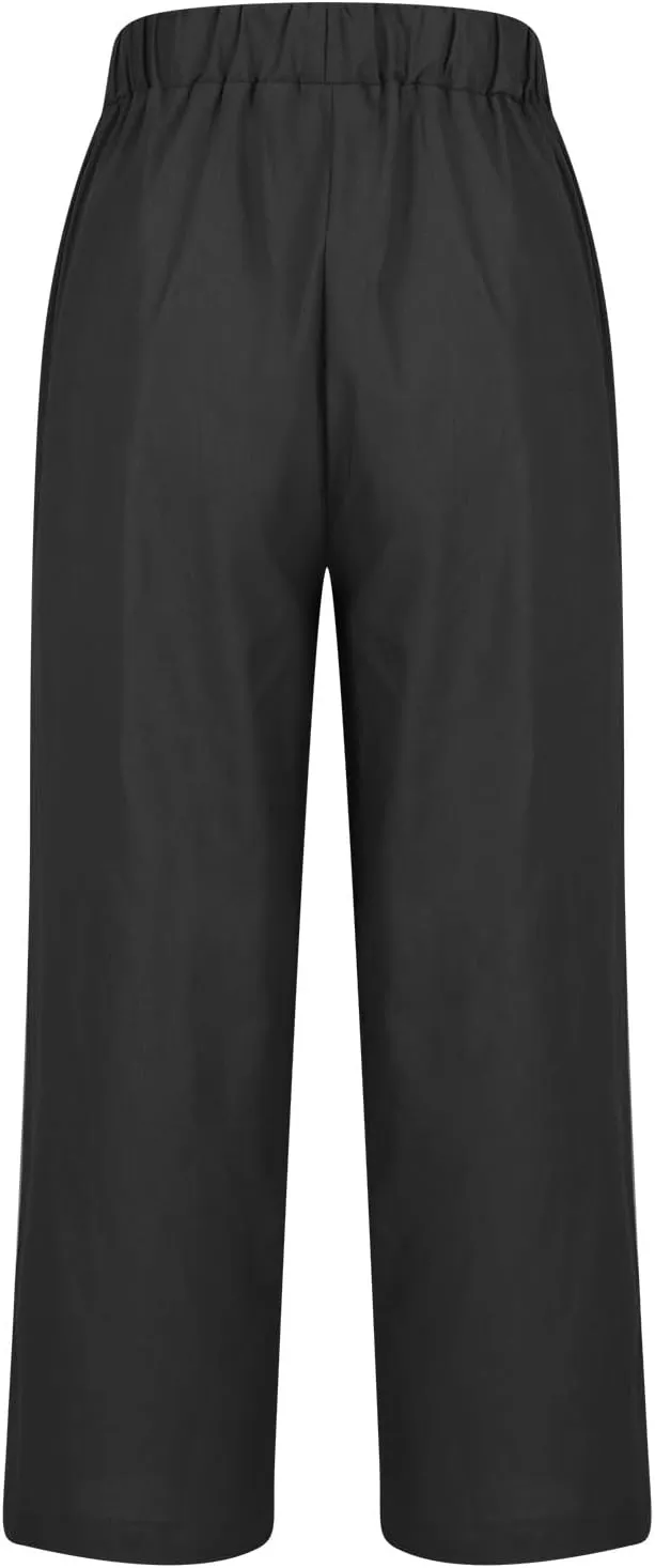 YRAETENM Cropped Linen Pants Women Elastic Waist Straight Leg Cotton Pants Casual Beach Summer Slacks Trousers with Pockets