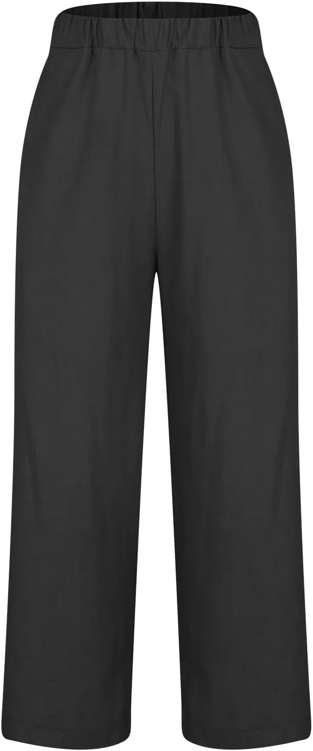 YRAETENM Cropped Linen Pants Women Elastic Waist Straight Leg Cotton Pants Casual Beach Summer Slacks Trousers with Pockets