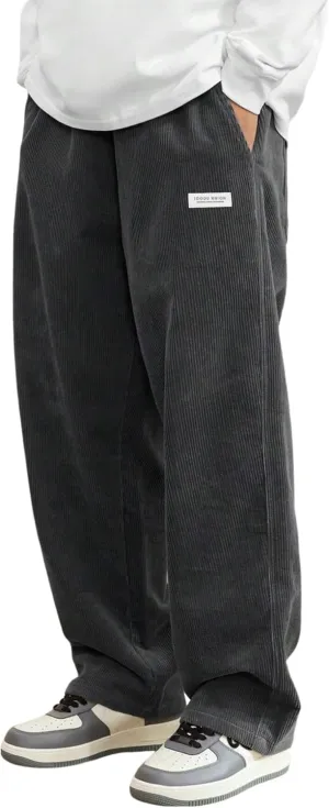 ZAFUL Mens Corduroy Straight Leg Pants Long Solid Elastic Waist Casual Pants Loose Fit Going Out Pants with Pockets