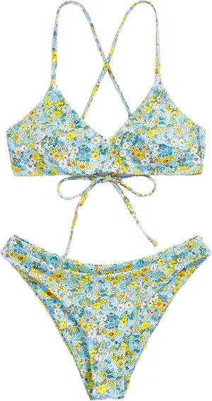 ZAFUL Women's Two-Piece Scoop Neck Bikini Crop Top Criss Cross Push Up Bikini Set Tanks Top Bathing Suit
