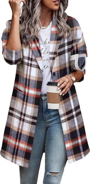 Zeagoo Women 2023 Plaid Jacket Mid Length Trench Coat Fall Wool Pea Coat with Pockets
