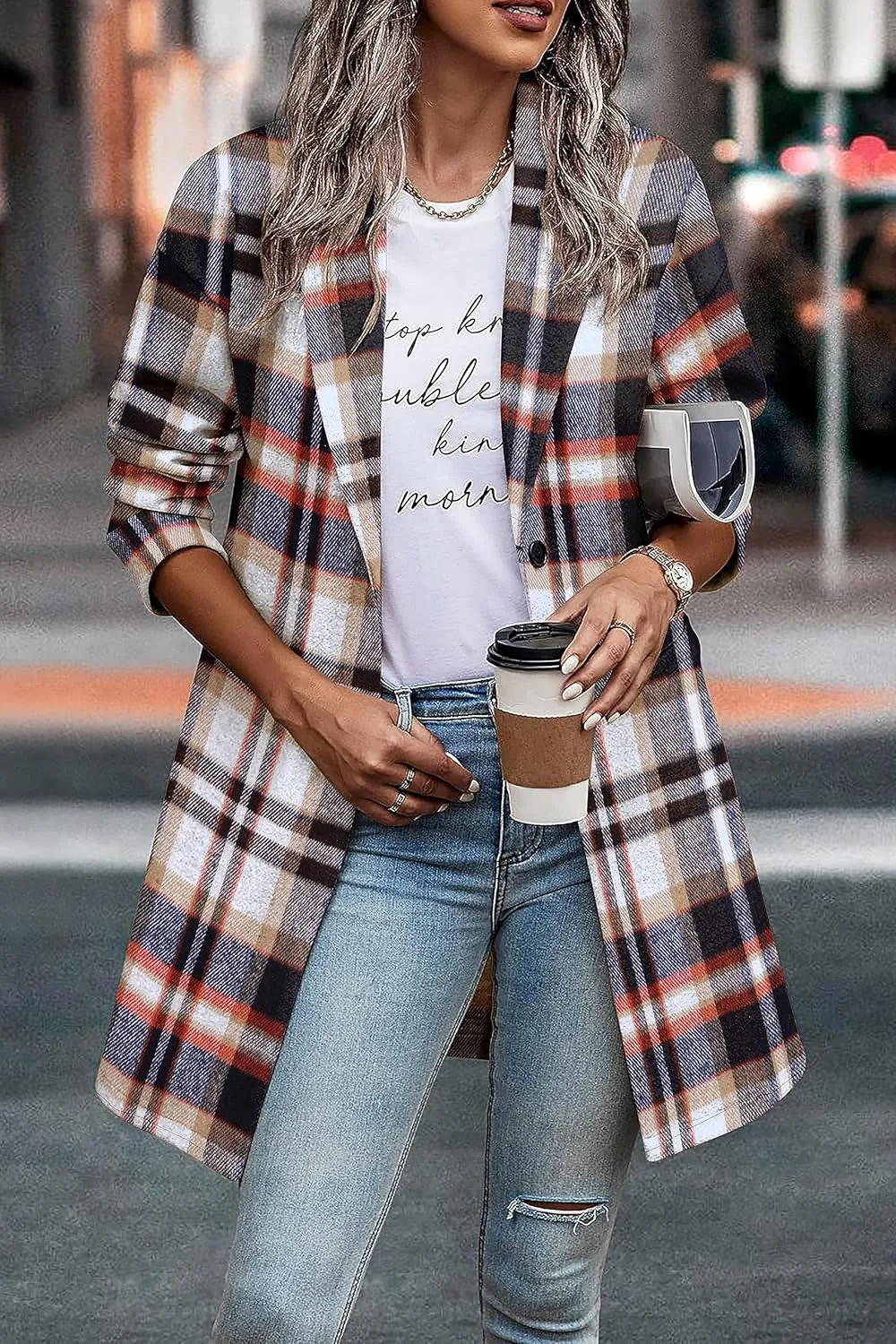 Zeagoo Women 2023 Plaid Jacket Mid Length Trench Coat Fall Wool Pea Coat with Pockets