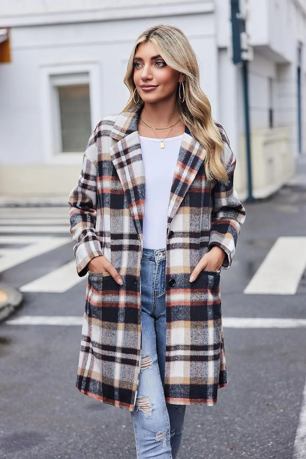 Zeagoo Women 2023 Plaid Jacket Mid Length Trench Coat Fall Wool Pea Coat with Pockets