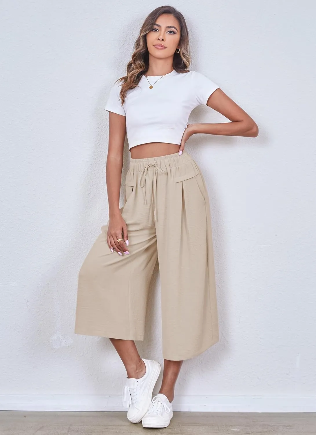 ZJCT Womens Capri Pants Summer Beach Crop Wide Leg Palazzo Capris with Pockets